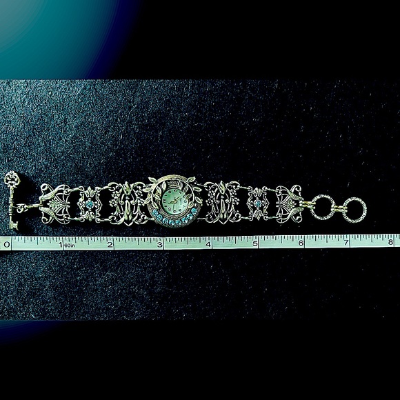 Silver Filagree Wrist Watch Bracelet w/Aquamarine Swarovski Crystals - Picture 5 of 7
